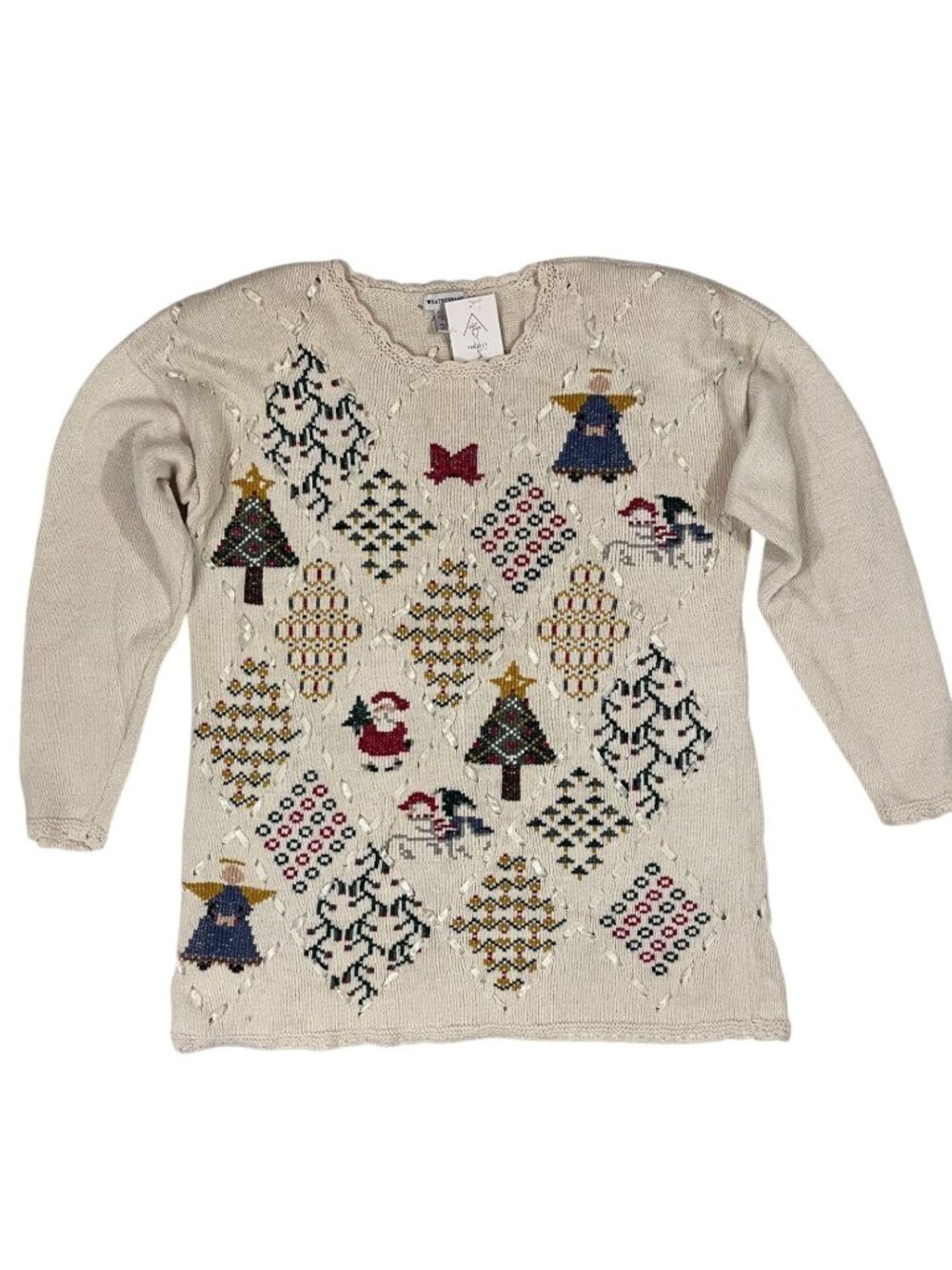 Vintage 90s Weathervane Christmas Sweater Large Cream Festive Knit Santa Angel